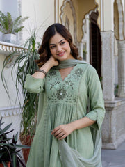 Women Green Cotton Embroidery Floral Yoke Kurta Pant and Dupatta set