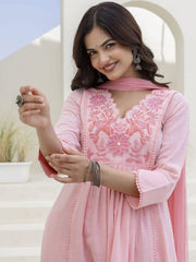Women Pink Cotton Embroidery Floral Yoke Kurta Pant and Dupatta set