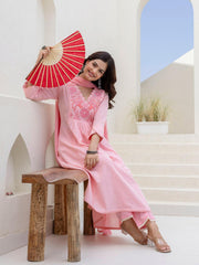 Women Pink Cotton Embroidery Floral Yoke Kurta Pant and Dupatta set