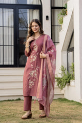 Women Blush Pink Roman Silk Kurta Pant and Banarasi Dupatta set
