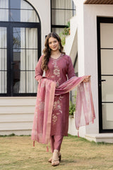 Women Blush Pink Roman Silk Kurta Pant and Banarasi Dupatta set