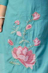 Women Pastel Blue Roman Silk Kurta Pant and Banasrsi Dupatta set