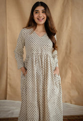 Women White Cotton Umbrella Style Kurta Pant set