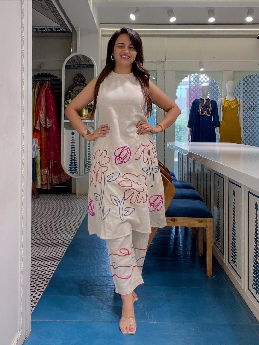 Women Off-White Cotton Embroidery Frock Cum Co-Ord set