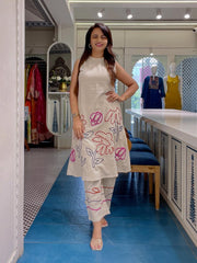 Women Off-White Cotton Embroidery Frock Cum Co-Ord set