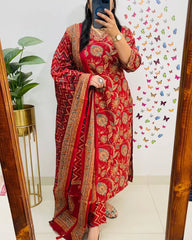Women Red Cotton Gorgeous Look Kurta Pant and Dupatta set