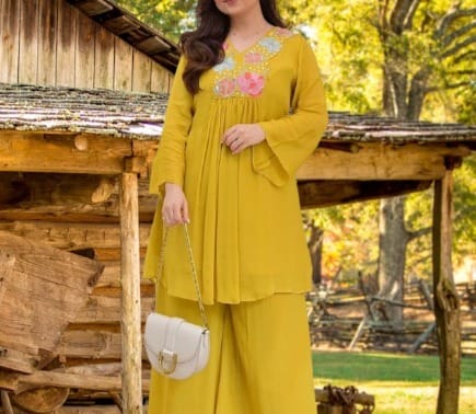 Women Yellow Cotton Embroidery Landscape Co-Ord set