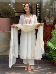 Women White Cotton Embroidery Printex Kurta Pant and Dupatta set