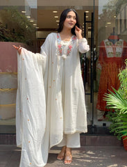 Women White Cotton Embroidery Printex Kurta Pant and Dupatta set