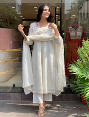 Women White Cotton Embroidery Printex Kurta Pant and Dupatta set