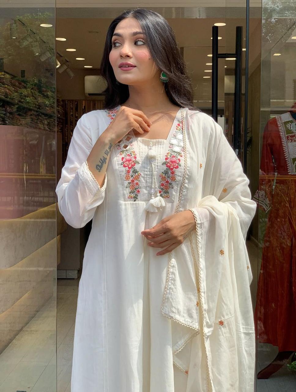 Women White Cotton Embroidery Printex Kurta Pant and Dupatta set