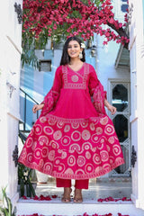 Women Pink Cotton New Year Bash Embroidery Kurta Pant and Dupatta set