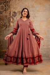 Women Red Cotton Angrakha Zigzag Kurta Pant and Dupatta set