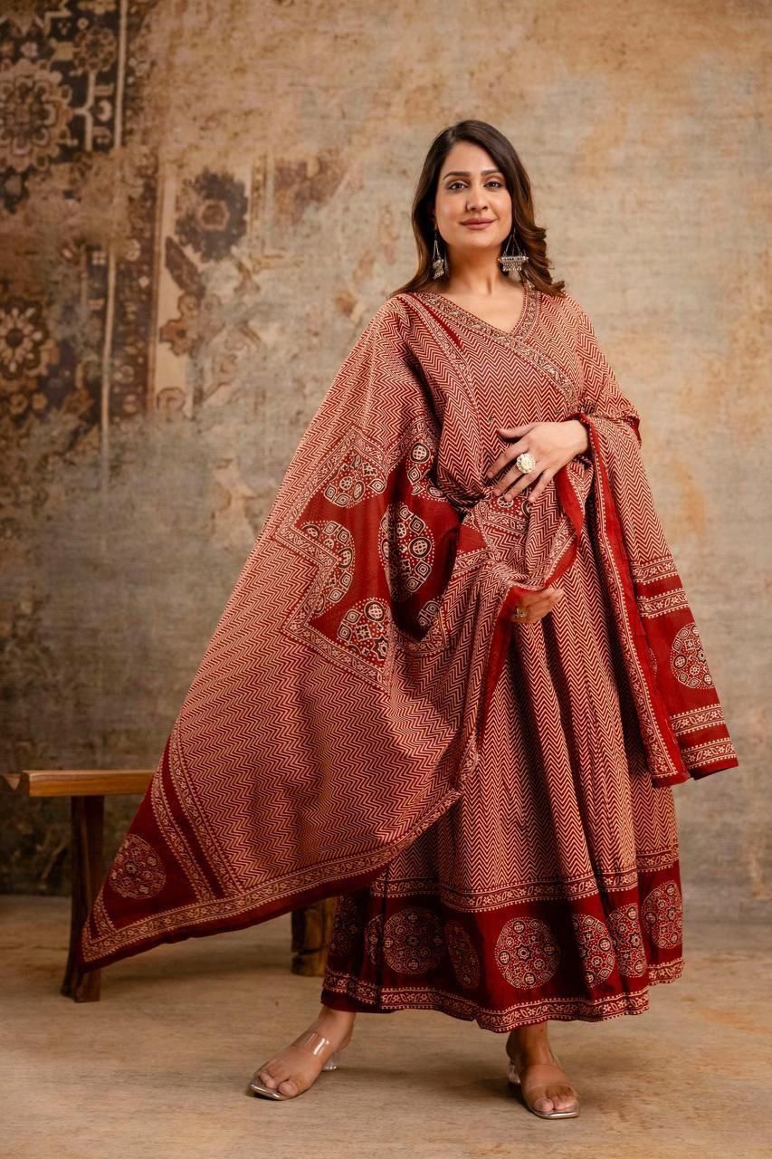 Women Red Cotton Angrakha Zigzag Kurta Pant and Dupatta set