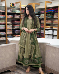 Women Green Cotton Angrakha Zigzag Kurta Pant and Dupatta set