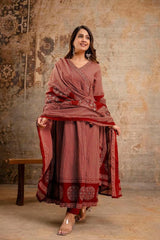 Women Red Cotton Angrakha Zigzag Kurta Pant and Dupatta set