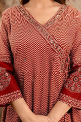 Women Red Cotton Angrakha Zigzag Kurta Pant and Dupatta set