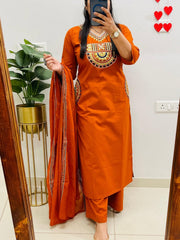 Women Orange Cotton Embroidery Yoke Pocket Kurta Pant and Dupatta set