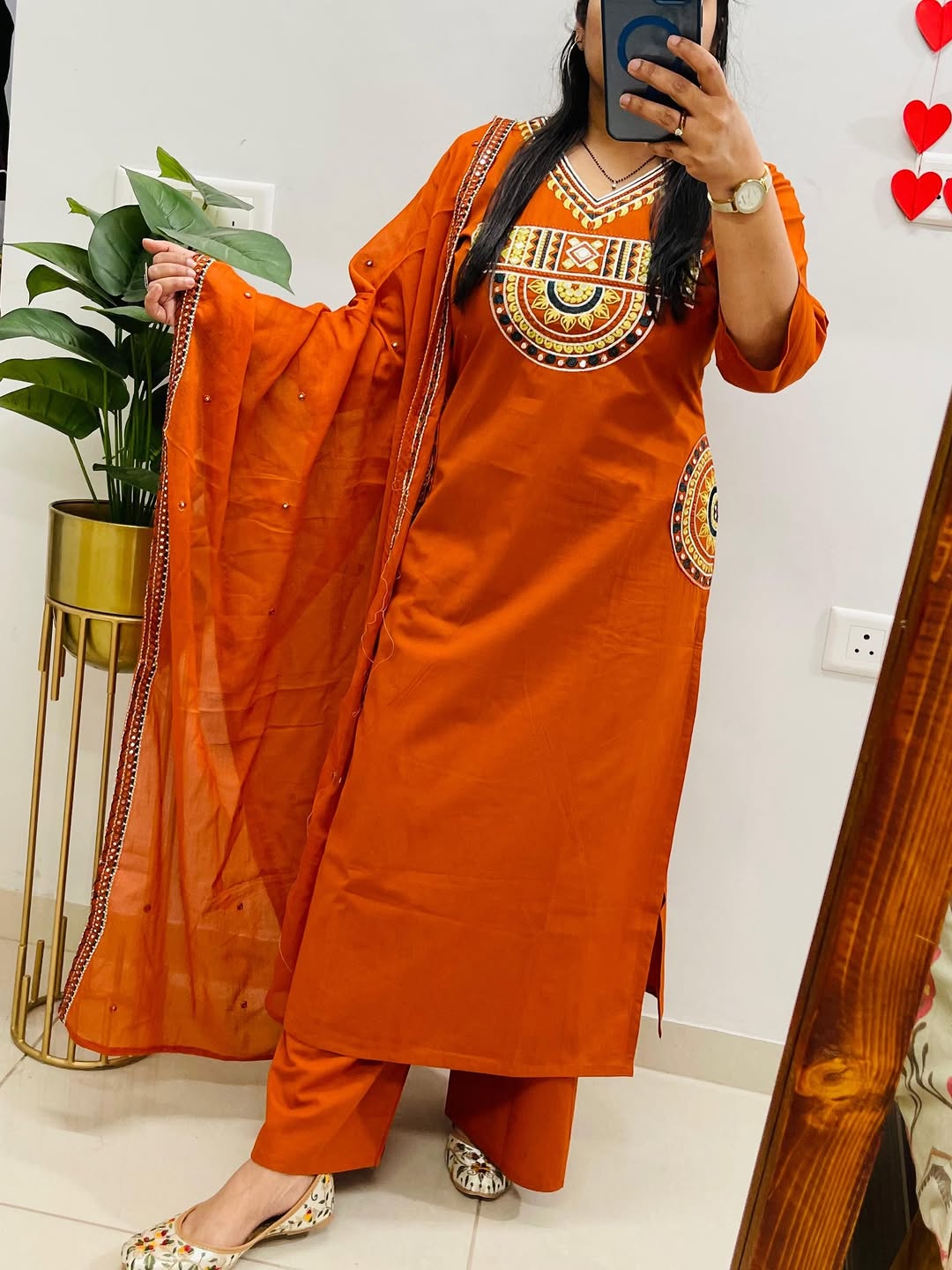 Women Orange Cotton Embroidery Yoke Pocket Kurta Pant and Dupatta set