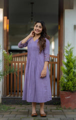 Women Purple Cotton Embroidery Middi Gown