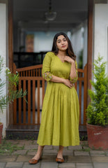Women Green Cotton Embroidery Middi Gown