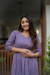 Women Purple Cotton Embroidery Middi Gown