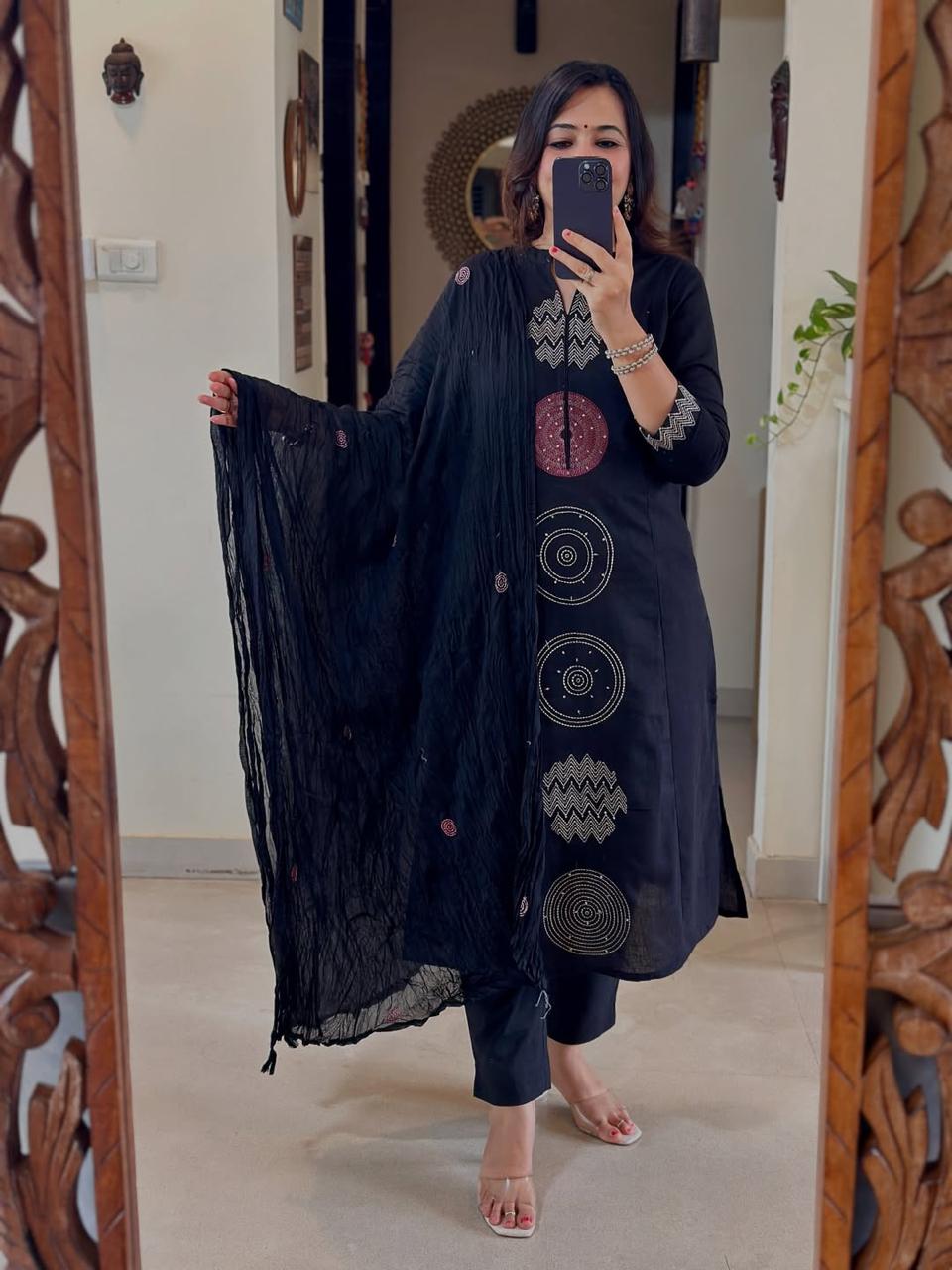 Women Blue Cotton Cosmos Embroidery Kurta Pant and Dupatta set