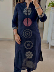 Women Blue Cotton Cosmos Embroidery Kurta Pant and Dupatta set