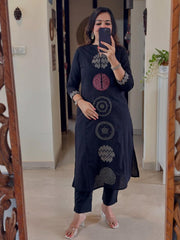 Women Blue Cotton Cosmos Embroidery Kurta Pant and Dupatta set