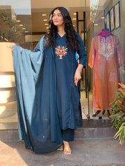 Women Royal Blue Cotton Embroidery Kurta Pant and Dupatta set