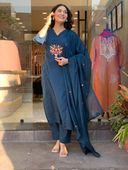 Women Royal Blue Cotton Embroidery Kurta Pant and Dupatta set