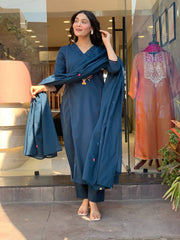Women Royal Blue Cotton Embroidery Kurta Pant and Dupatta set