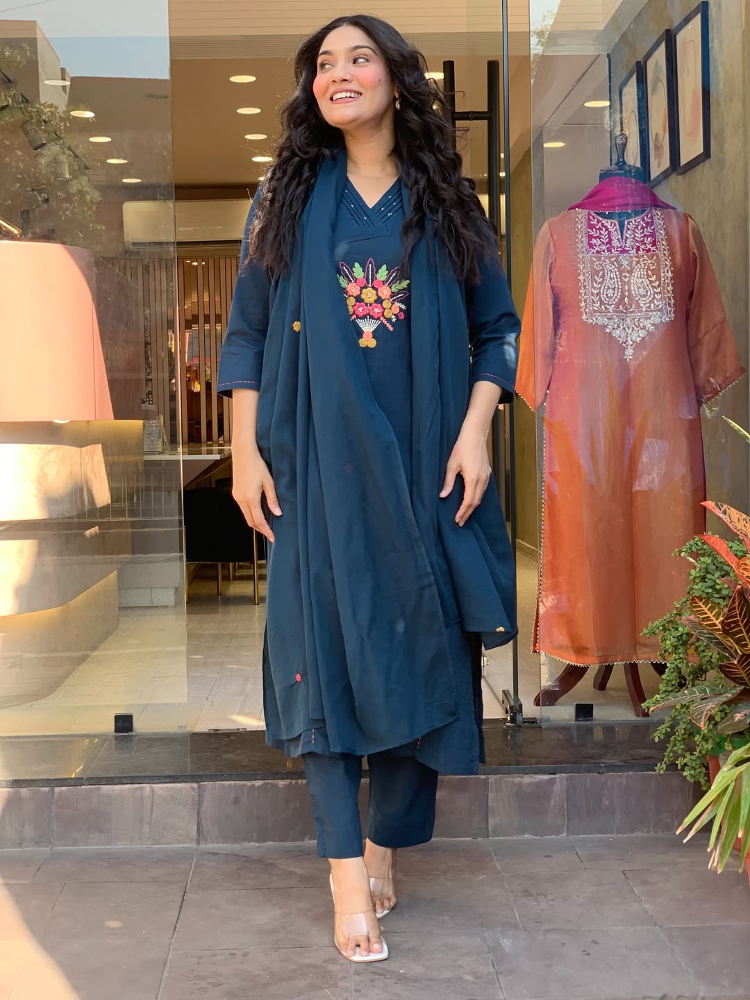 Women Royal Blue Cotton Embroidery Kurta Pant and Dupatta set