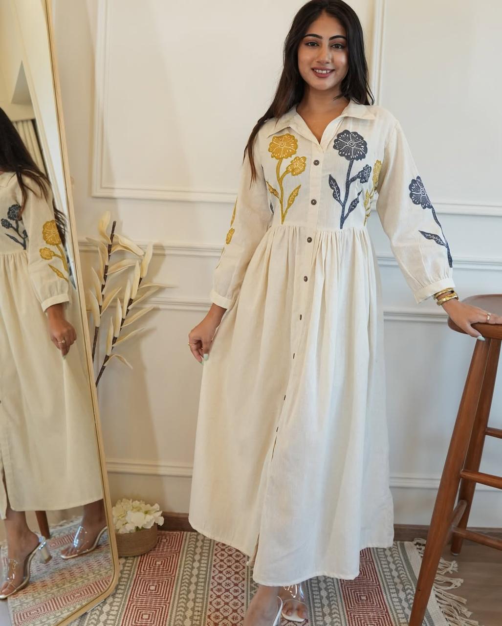 Women White Cotton Embroidery Middi Gown