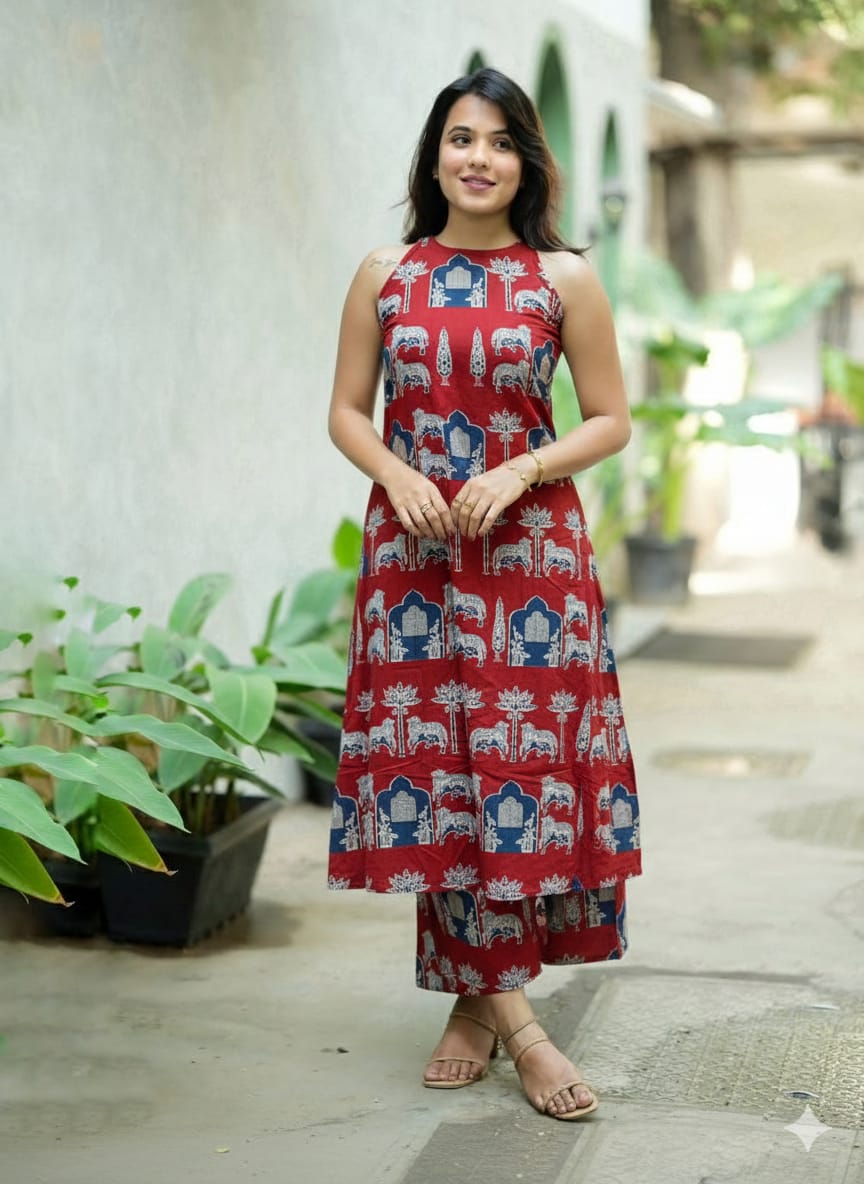 Women Red Hathi Cotton Womanhood Co-Ord set