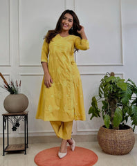 Women Yellow Cotton Chikankari Angrakha Pattern Kurta Pant set
