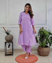 Women Purple Cotton Chikankari Angrakha Pattern Kurta Pant Set