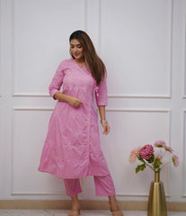 Women Pink Cotton Chikankari Angrakha Pattern Kurta Pant set