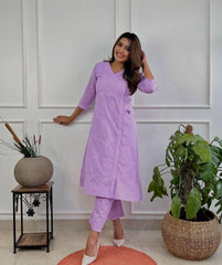 Women Purple Cotton Chikankari Angrakha Pattern Kurta Pant Set