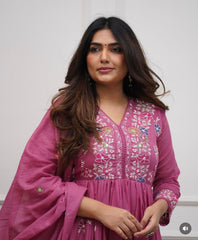 Women Pink Cotton Embroidery Whispers Kurta Pant and Dupatta set