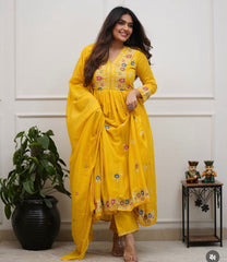 Women Yellow Cotton Embroidery Whispers Kurta Pant and Dupatta set