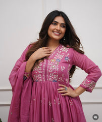 Women Pink Cotton Embroidery Whispers Kurta Pant and Dupatta set