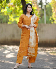 Women Mustard Chikankari Cotton Schiffli Embroidery Kurta Pant and Dupatta set