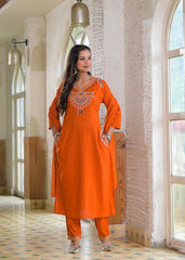 Women Orange Cotton Jaipuri Embroidery Kurta Pant and Dupatta set