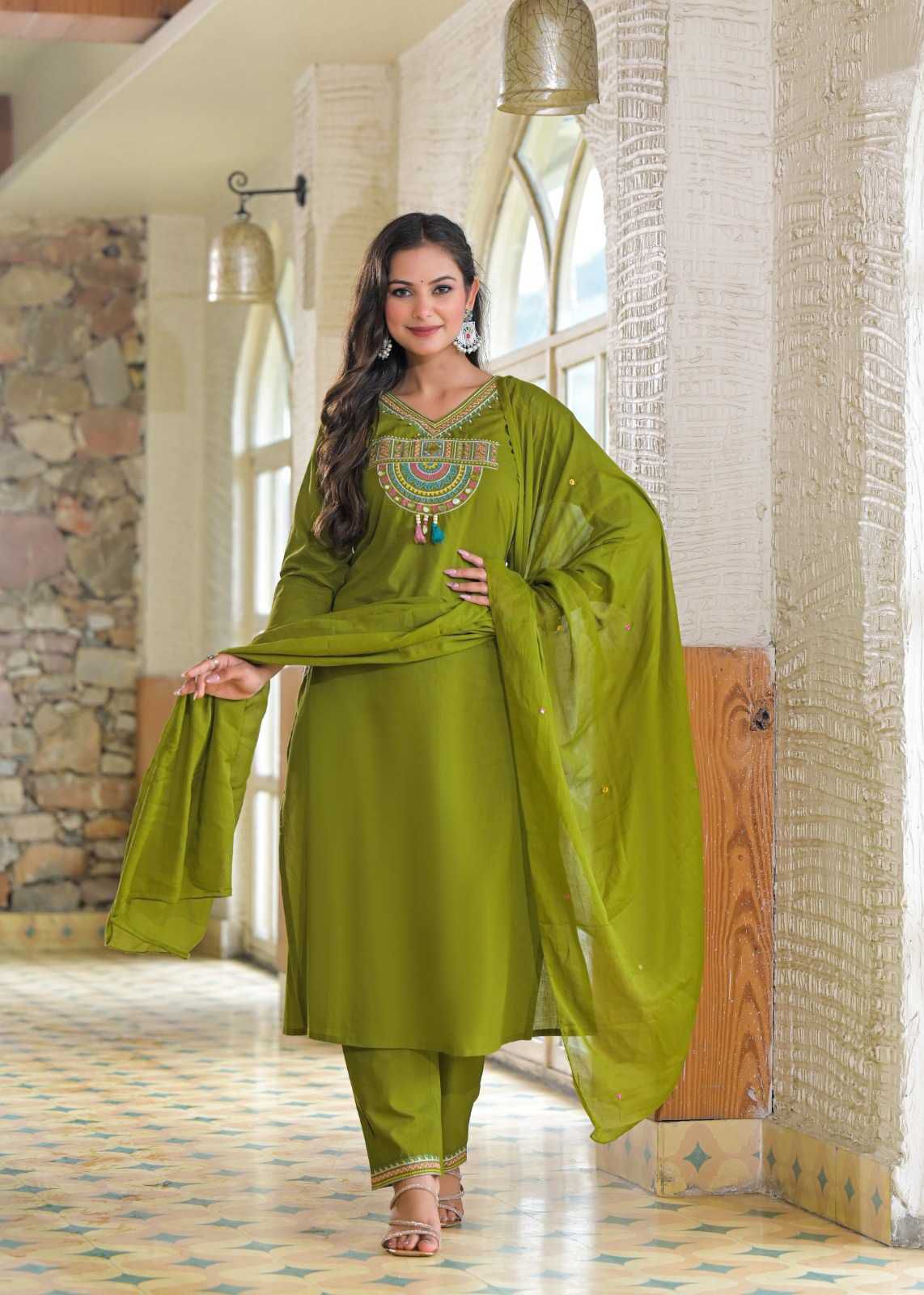 Women Green Cotton Jaipuri Embroidery Kurta Pant and Dupatta set