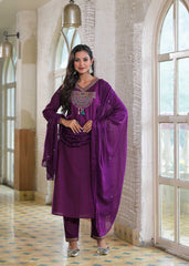 Women Purple Cotton Jaipuri Embroidery Kurta Pant and Dupatta set