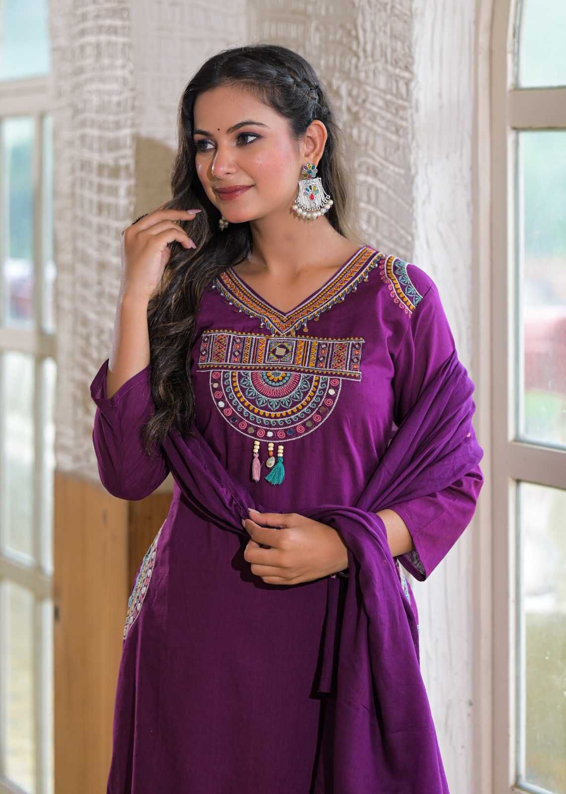 Women Purple Cotton Jaipuri Embroidery Kurta Pant and Dupatta set