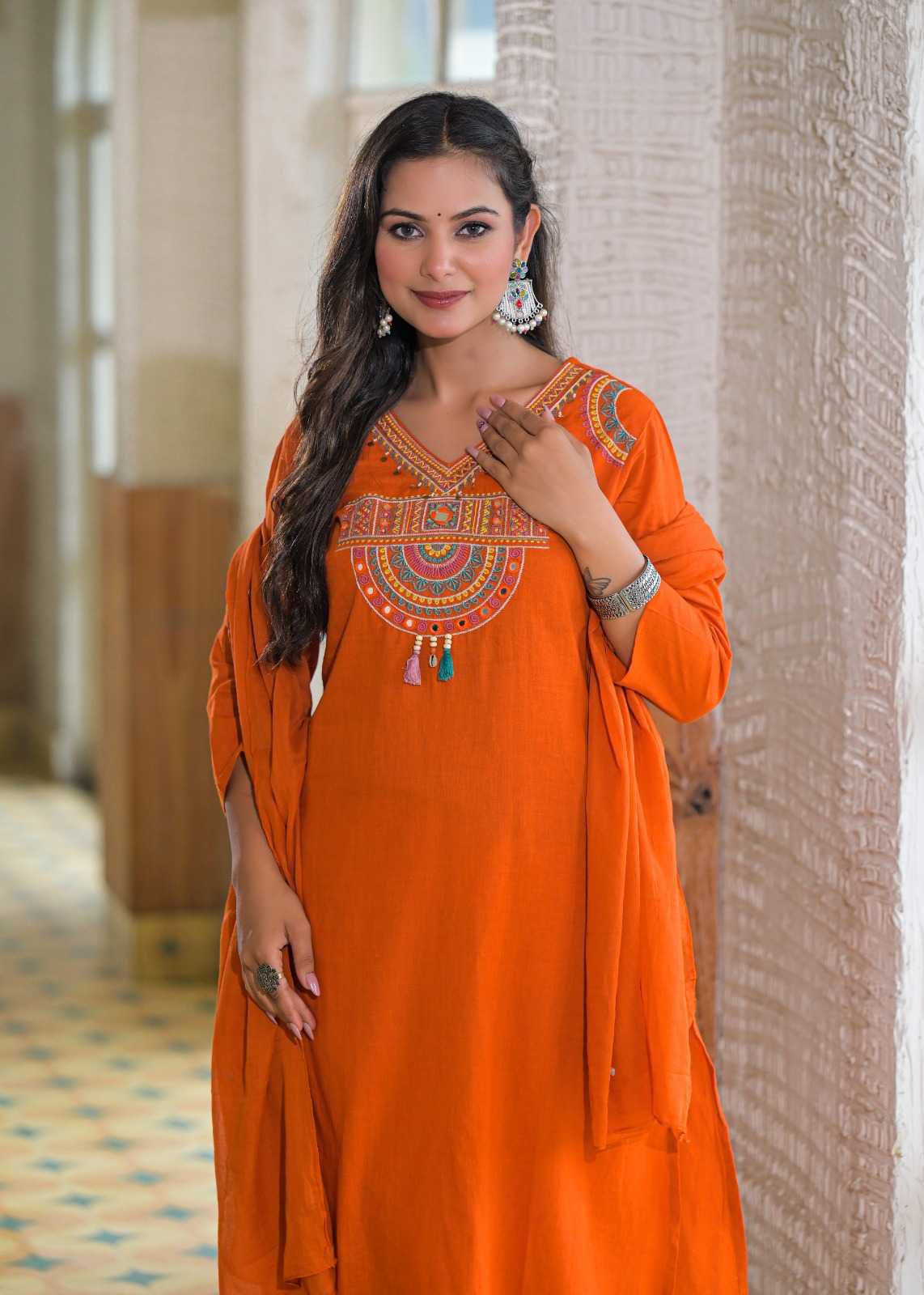 Women Orange Cotton Jaipuri Embroidery Kurta Pant and Dupatta set