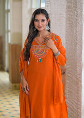 Women Orange Cotton Jaipuri Embroidery Kurta Pant and Dupatta set