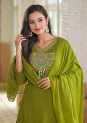Women Green Cotton Jaipuri Embroidery Kurta Pant and Dupatta set